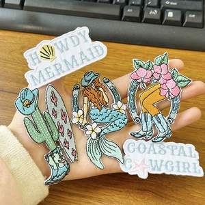 Detailed embroidery texture of western coastal mermaid and cactus iron-on patch set