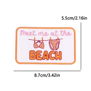 Embroidered 'Meet me at the BEACH' patch with bikini design, size 3.42 x 2.16 inches
