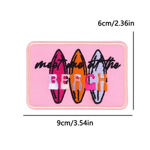 9x6cm Pink rectangular surf patch with 'meet me at the BEACH' embroidery for clothing