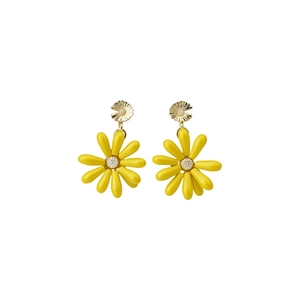 Vibrant yellow daisy earrings with golden flower studs and sparkly pave centers