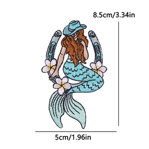 Mermaid cowgirl embroidered iron-on patch with horseshoe design and floral accents