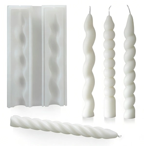 Silicone mold for striped spiral scented candles and finished wax candle samples