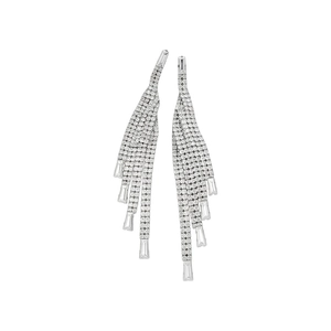Elegant silver long tassel earrings with sparkling cubic zirconia pavé setting.