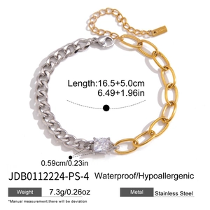 Bracelet chaîne en acier inoxydable bicolore avec zircon carré en finition or et argent