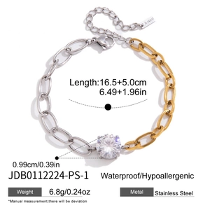 Bracelet bicolore à maillons en acier inoxydable doté d'un grand cristal de zircon central