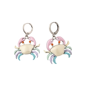 Cute macaron pastel enamel crab dangle earrings with silver hoop on white background