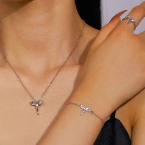 Silver gothic punk flying dragon jewelry set with necklace, bracelet and open ring