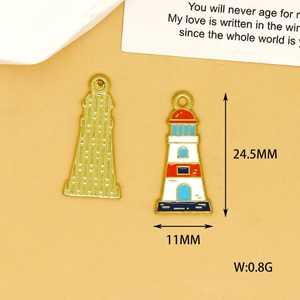 Macro detail of lighthouse enamel charm with 24.5mm height and 11mm width measurement