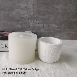 Macro detail of silicone mold and finished flower pot with leaf texture and dimensions