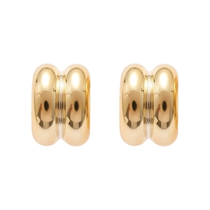 Polished gold double C-shaped drop hoop earrings with a minimalist modern aesthetic