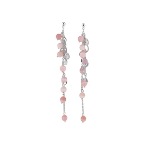 Elegant long tassel earrings featuring pink cat's eye stones and silver-tone metal chains