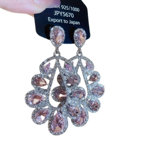 Vintage fan-shaped tassel earrings with sparkling pink zircon and 925 silver needle