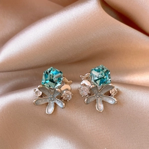 Fashion Butterfly Flower Stud Earrings For Women Alloy Rhinestone Blue Silver Color Earrings With Silver Earring Post Jewelry