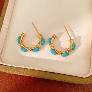 Vintage Real Gold Plated C-Shape Stud Earrings For Women Faux Turquoise Stone Rhinestone Inlaid Retro Luxury Earrings Jewelry