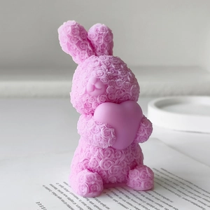 Detail of rose texture on lavender rabbit silicone mold with heart for DIY candles