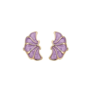 Elegant French style purple enamel flower stud earrings with gold plating for women