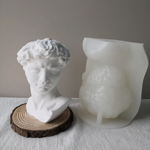 Detailed view of the David bust silicone mold and a finished plaster sculpture pot