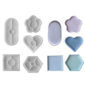 Five geometric silicone resin molds and macaron color storage tray samples on white background