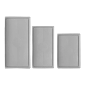 Three-piece set of rectangular gray silicone tray molds in various sizes with matte finish