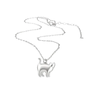Elegant silver-toned cat pendant necklace with adjustable chain on white background