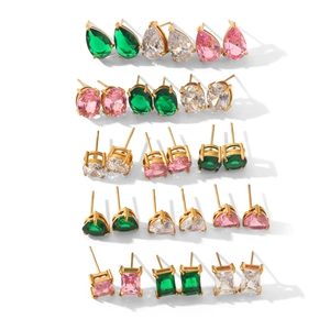 Detailed view of multi-shaped stainless steel stud earrings with vibrant colorful gemstones
