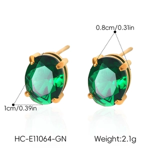 Close-up detail of emerald green gemstone stud earrings with size and weight info