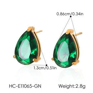 Detailed dimension view of pear-shaped emerald green zircon stud earrings in gold plating