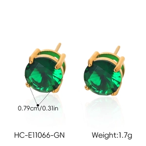 Detailed view of 18k gold plated emerald green stud earrings with size and weight info
