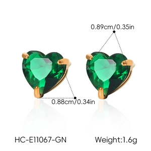 Detailed close-up of green heart-shaped stud earrings with exact size and weight specs