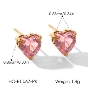 Detail view of pink heart-shaped stainless steel earrings with size and weight info.