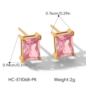 Detail view of pink rectangular gemstone stud earrings with dimensions and weight info