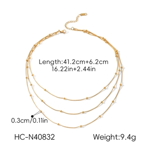 Detailed view of 18k gold plated stainless steel three-layer bead necklace with measurements