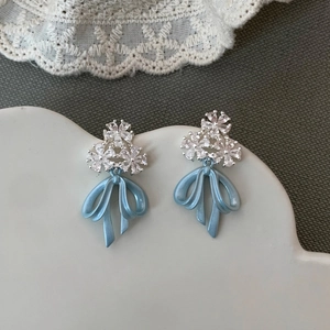 Elegant Korean Sweet Bow Flower Rhinestone Stud Earrings For Women Light Luxury Alloy Inlaid Blue Pink White Drop Earrings Jewelry Gift