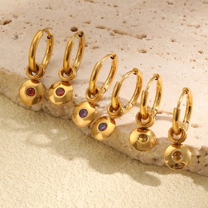Elegant 18K gold plated stainless steel hoop earrings featuring colorful round birthstone charms