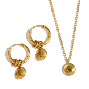 Gold plated stainless steel necklace and earring set with green birthstone charms