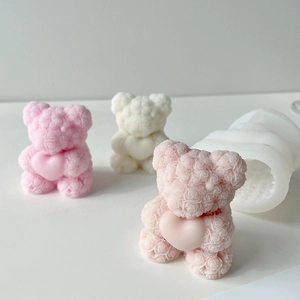 Rose bear silicone mold for DIY candles with heart design and floral texture