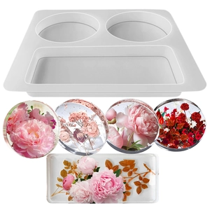 Silicone mold kit for DIY epoxy resin coasters with round and rectangle floral designs