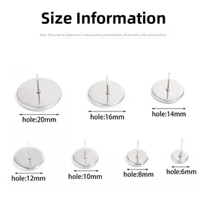 Size chart for stainless steel stud earring bases with diameter measurements from 6mm to 20mm