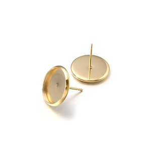 Detail of golden stainless steel flat round bezel tray stud earring bases for jewelry DIY