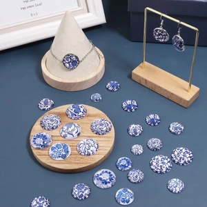Blue And White Porcelain Style Glass Cabochon Round Floral Glass Patches For DIY Jewelry Making Necklaces Rings Accessories
