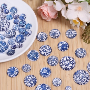 Blue and white porcelain style glass dome cabochon tiles for DIY jewelry making