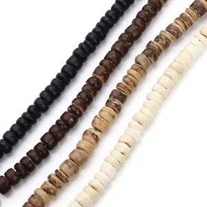 Macro detail of natural wooden abacus beads in black, brown, and ivory for DIY jewelry