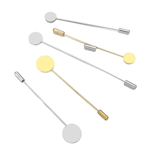 Polished gold and silver long lapel pin with flat round pad for DIY jewelry making