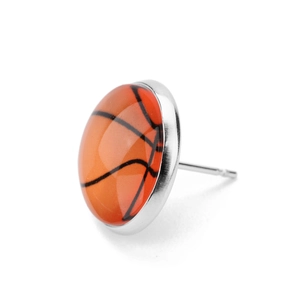 Stainless steel basketball ear studs with orange textured pattern under glass dome