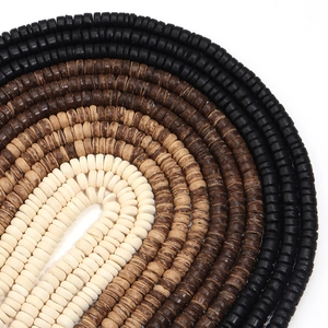 Flat round natural wood beads in four earthy tones for DIY jewelry making and crafts