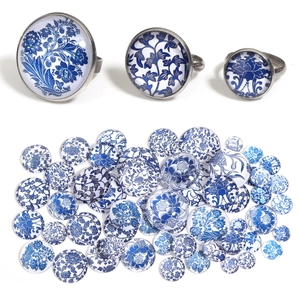 Blue and white porcelain style glass cabochon patches for DIY jewelry ring making