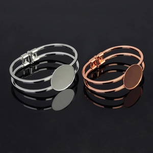 Vintage DIY open bangle with 25mm round bezel setting in silver and rose gold finishes