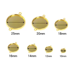 Seven sizes of round gold metal pendant trays with double loops from 10mm to 25mm