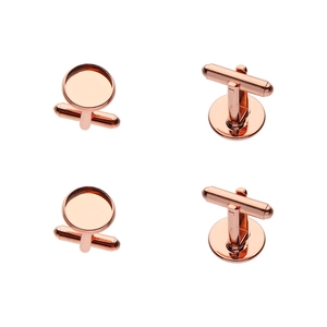 Detailed view of four rose gold round cufflink blank settings for DIY jewelry making