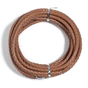 Close-up of 6mm brown braided PU leather cord roll with silver metal fasteners for DIY
